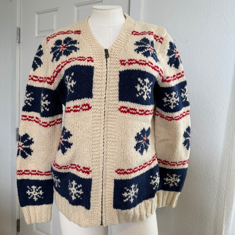 VTG Nordic Snowflake Lambswool Zip Cardigan M Apres Ski Fair Isle Sweater